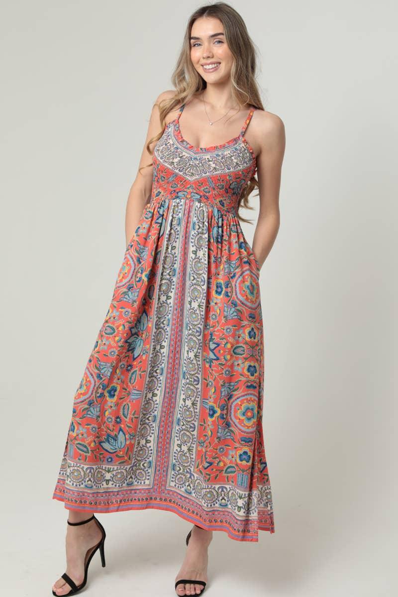 V Neck Smocked Bodice Maxi Dress With Pockets