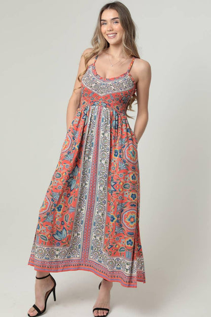 V Neck Smocked Bodice Maxi Dress With Pockets