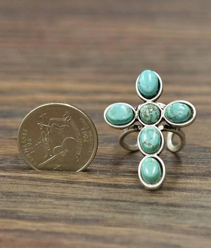750167, Cross Turquoise Adjustable Ring - Southern Sassy Boutique