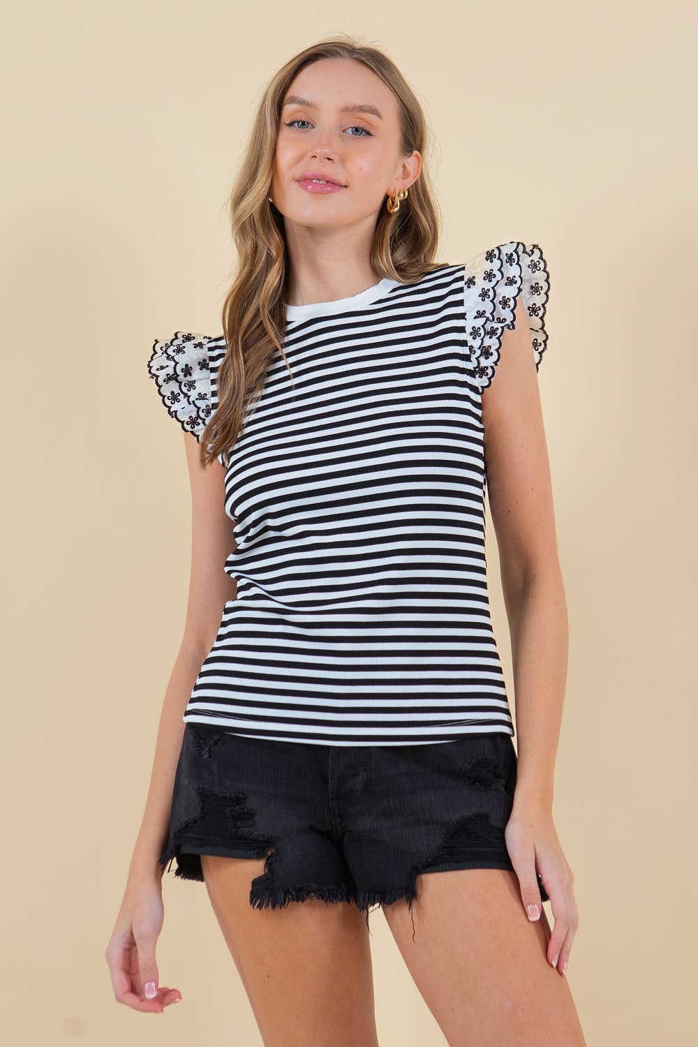 LACE RUFFLE CAP SLEEVE STRIPED RIB TOP - 44895T
