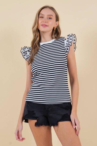 LACE RUFFLE CAP SLEEVE STRIPED RIB TOP - 44895T