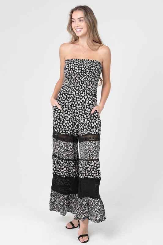 SMOCKED BODICE STRAPLESS LACE TRIM JUMPSUIT