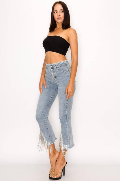 RHINESTONE FRINGE DENIM PANTS - Southern Sassy Boutique