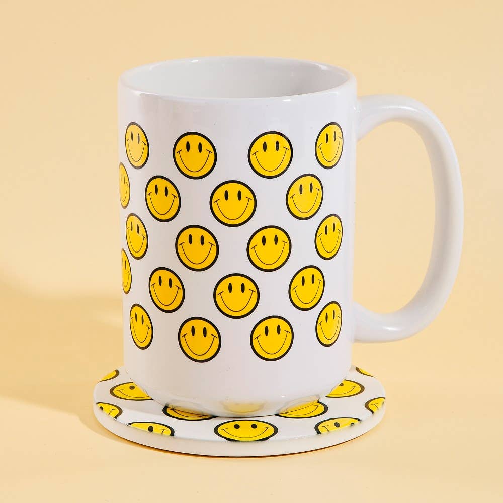 Smiley Faces 15 Oz Mug With Matching Coaster Gift Set