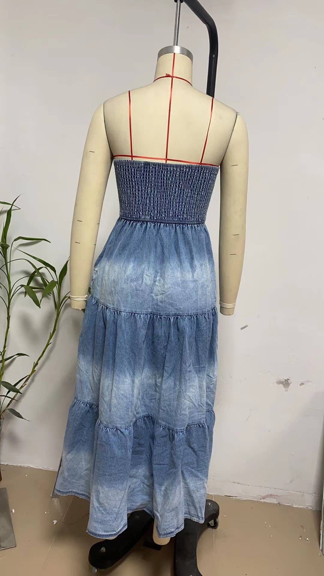 Off-Shoulder Hem Slit Jean Dress