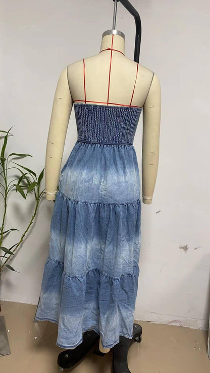 Off-Shoulder Hem Slit Jean Dress - Southern Sassy Boutique