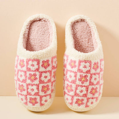 Flower Checker Fuzzy Fleece Soft Slipper