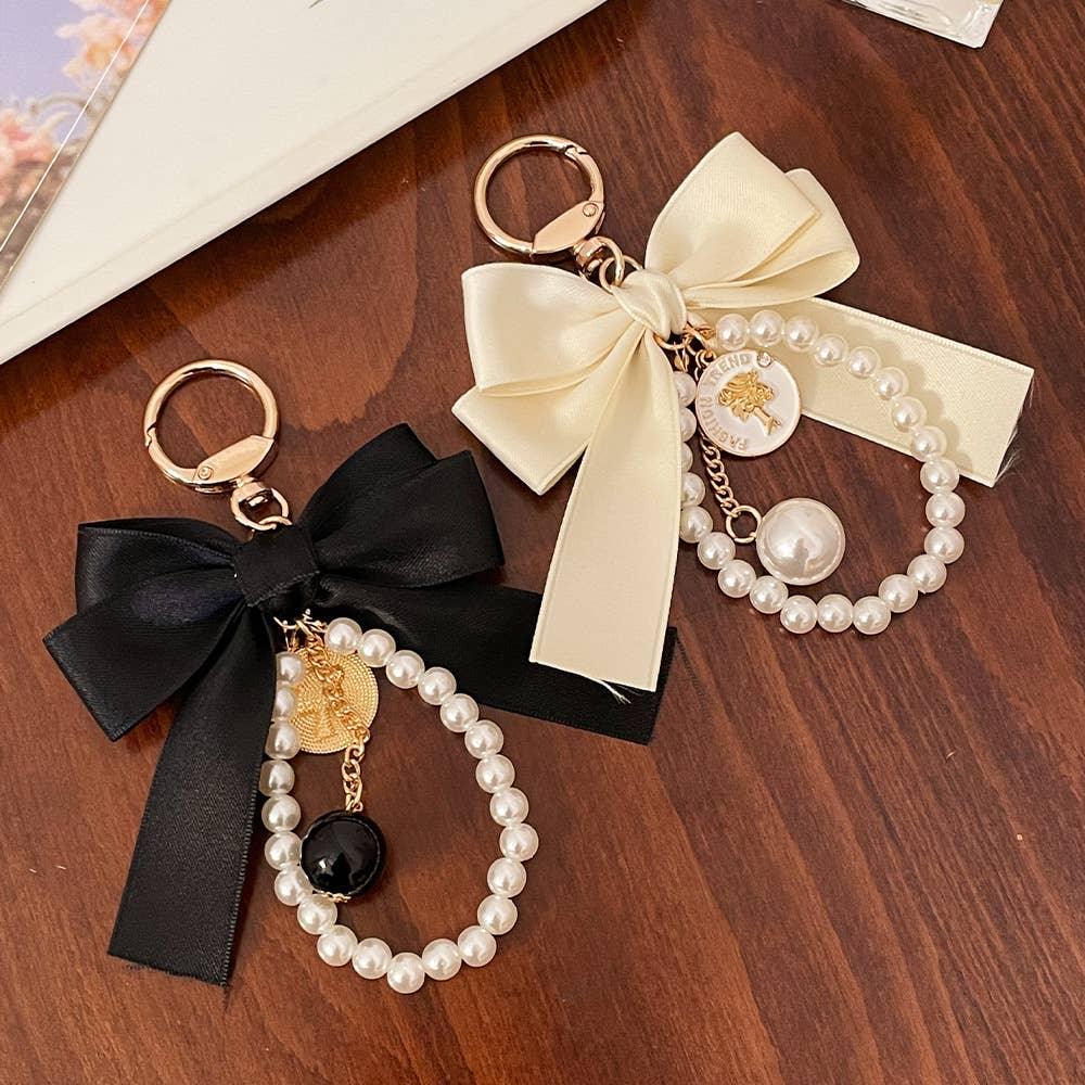Ribbon Large Bow Pearl Bag Accessory Keychain - Southern Sassy Boutique