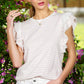 Crew Neck Ruffle Trim Sleeve Striped Cotton Blouse