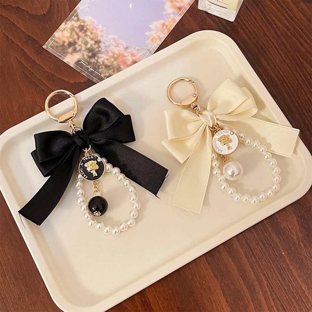 Ribbon Large Bow Pearl Bag Accessory Keychain - Southern Sassy Boutique