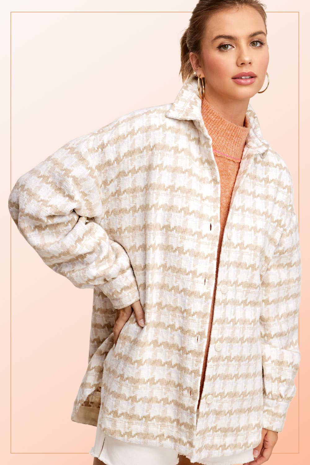 Oversized Houndstooth Patterned Soft Brushed Shacket