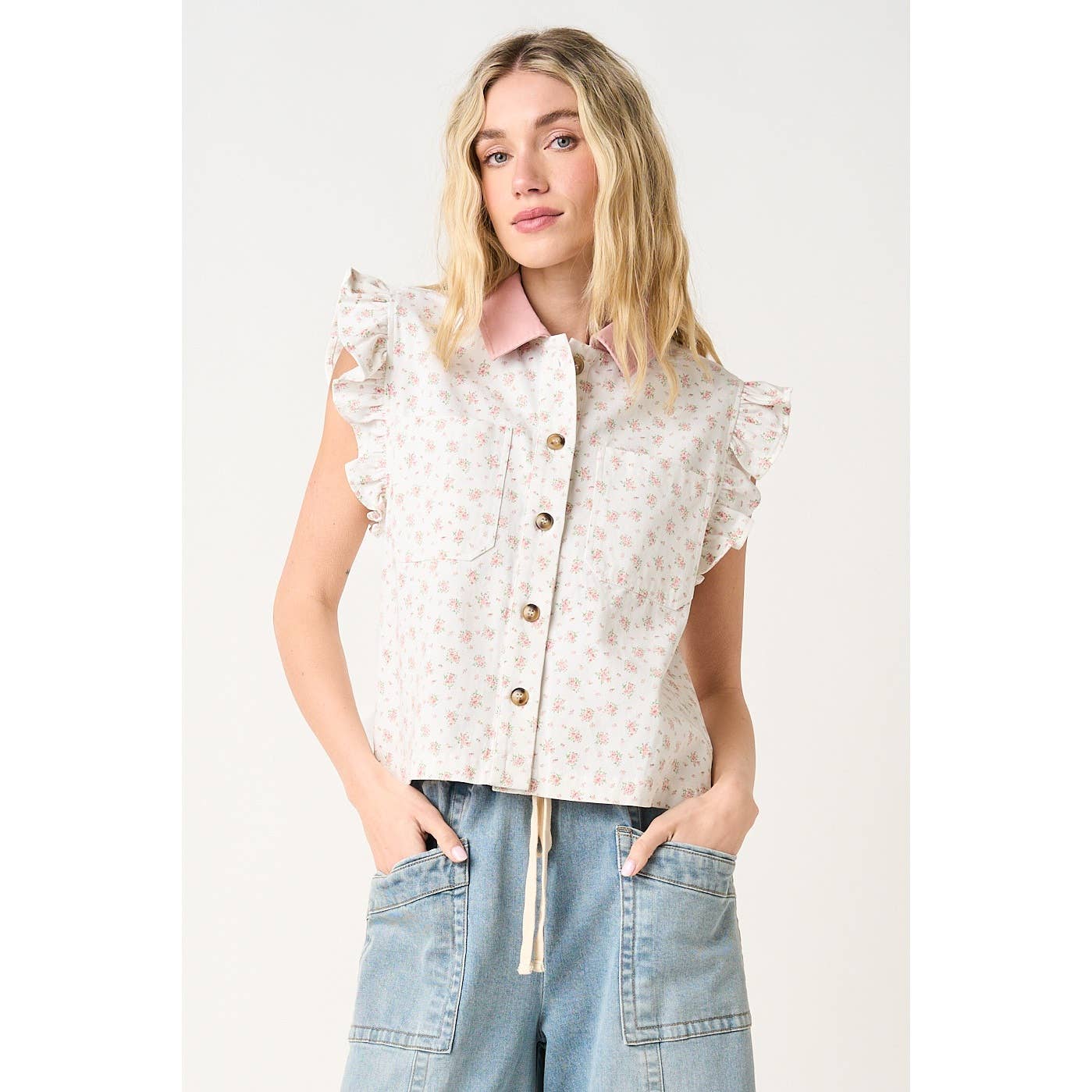 Floral Print with Ruffle sleeves Vest