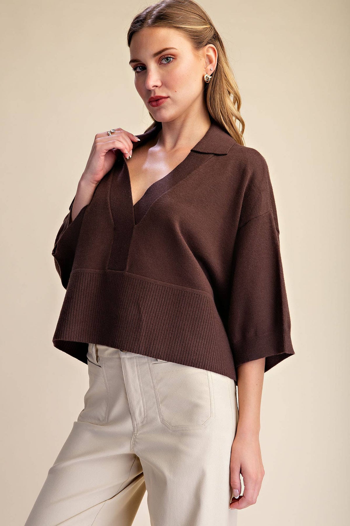 Collar V-Neck Dropped Shoulder Sweater