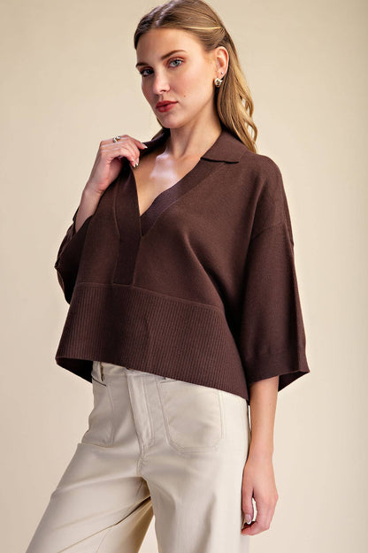 Collar V-Neck Dropped Shoulder Sweater