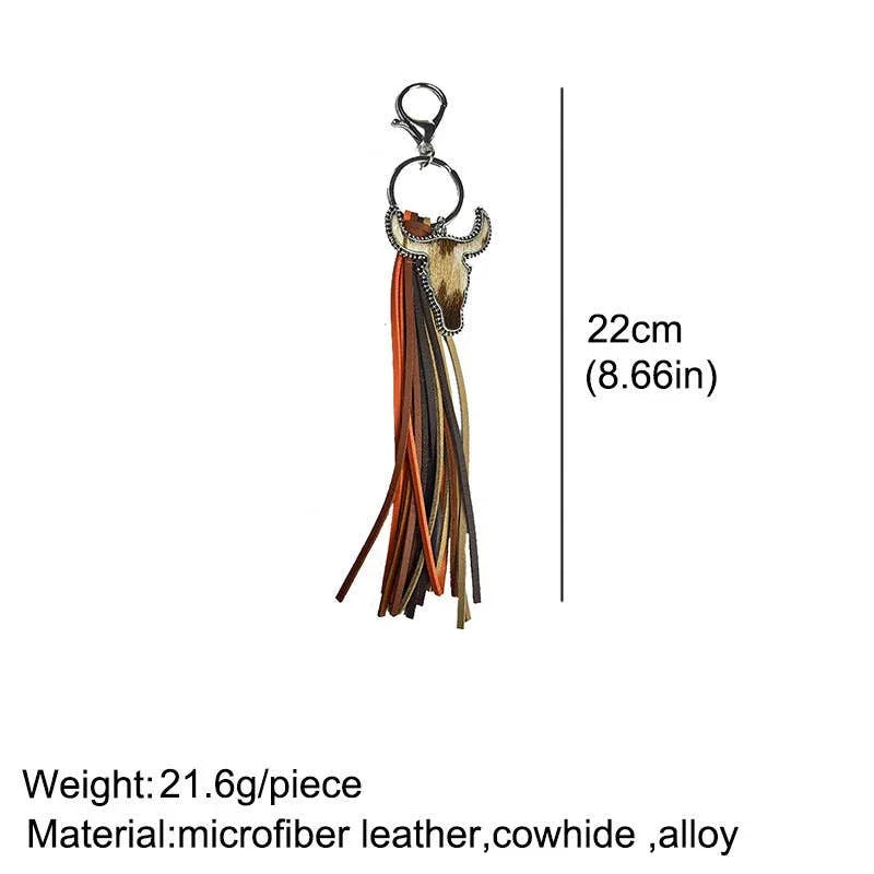 Western Tassel Animal Print Bull Head Keychain - Southern Sassy Boutique