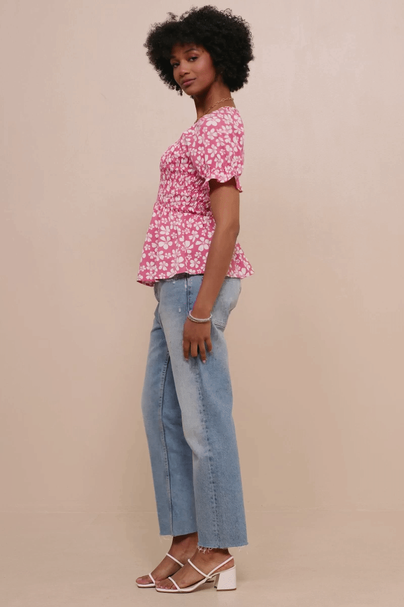 Floral Print V Neck Smocked Panel Top