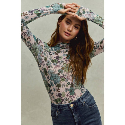 Floral Print Mesh Knit Long Sleeve Top