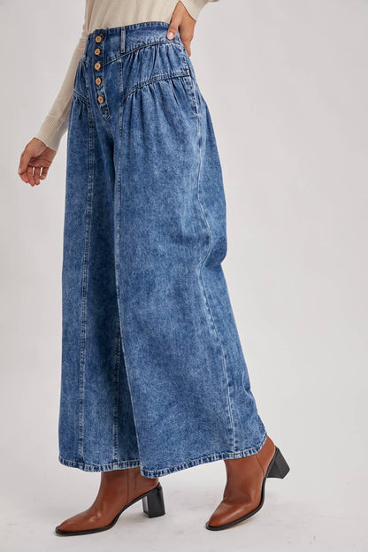 DENIM PLEATED RETRO HIGH-RISE WIDE LEG JEANS - Southern Sassy Boutique