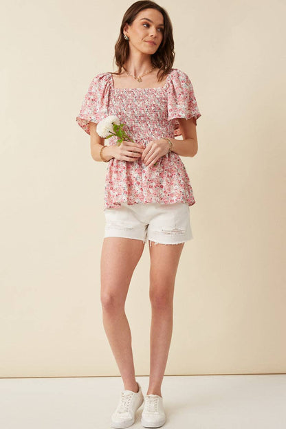 Floral Ruffle Sleeve Smocked Peplum