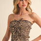 LEOPARD DENIM FRONT BOW SMOCKED STRAPLESS TOP
