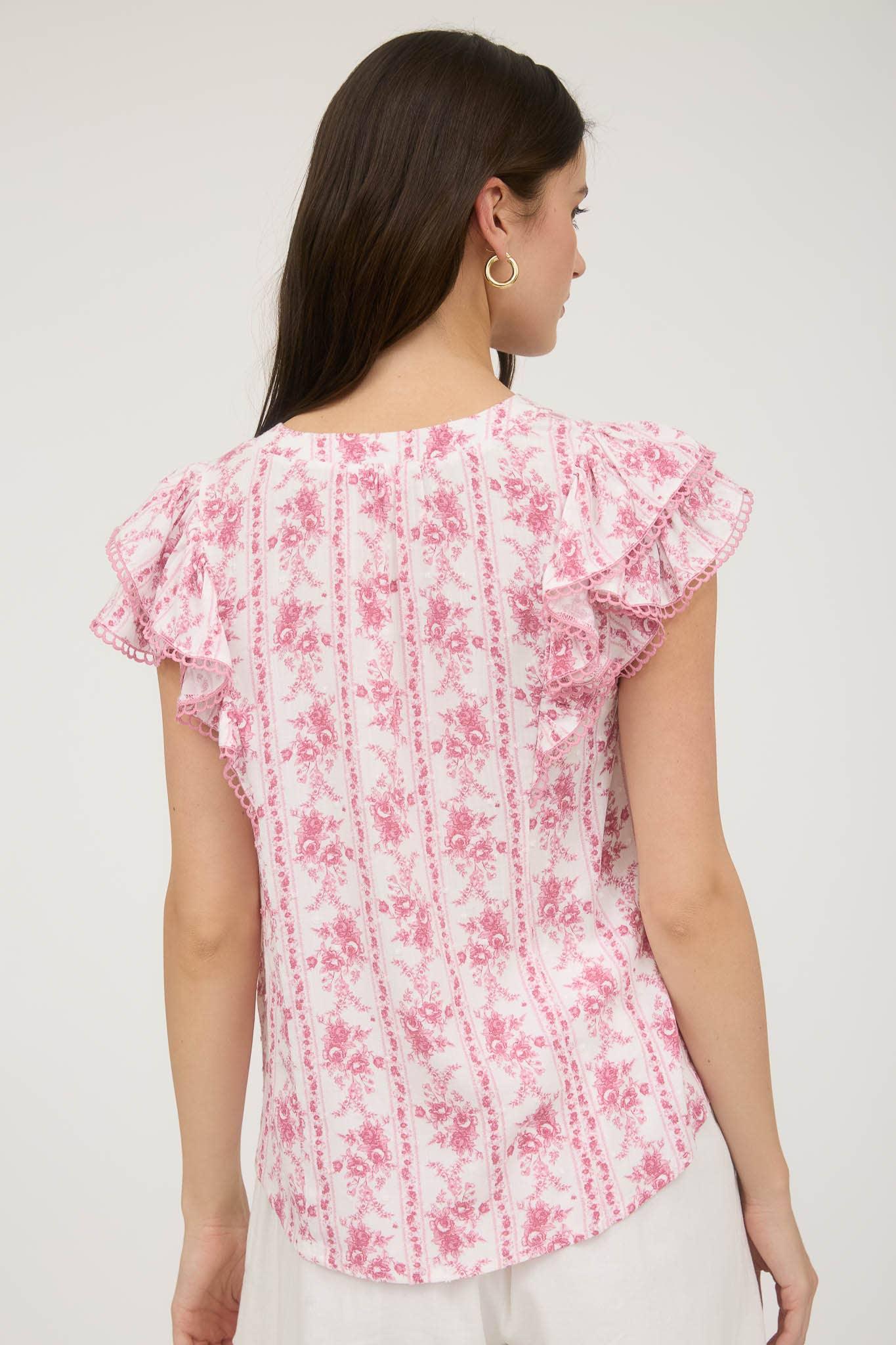 STRIPE FLORAL SPLIT NECK RUFFLE SLEEVE TOP - Southern Sassy Boutique