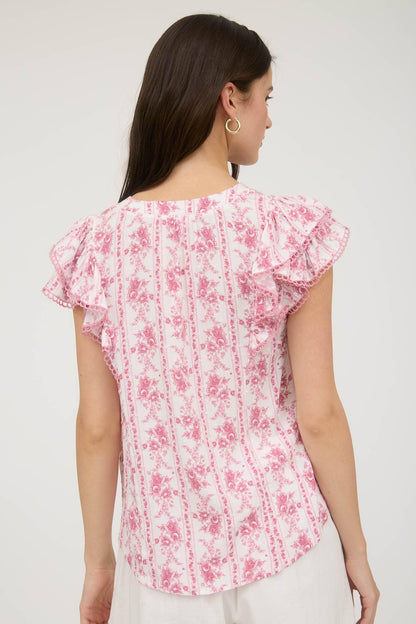 STRIPE FLORAL SPLIT NECK RUFFLE SLEEVE TOP - Southern Sassy Boutique