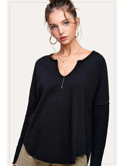 Textured Fabric Contrast Terry Long Sleeve Top