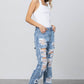 High Rise Heavy Destroyed Frayed Hem Straight Jeans