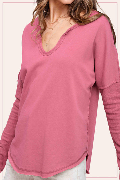 Textured Fabric Contrast Terry Long Sleeve Top - Southern Sassy Boutique