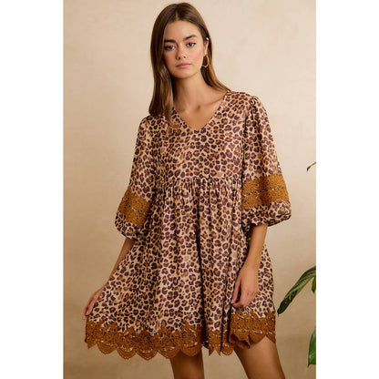 Leopard V-Neck Dress with Lace Trim