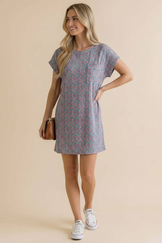 Crew Neck Floral Shift Dress Rib Dress