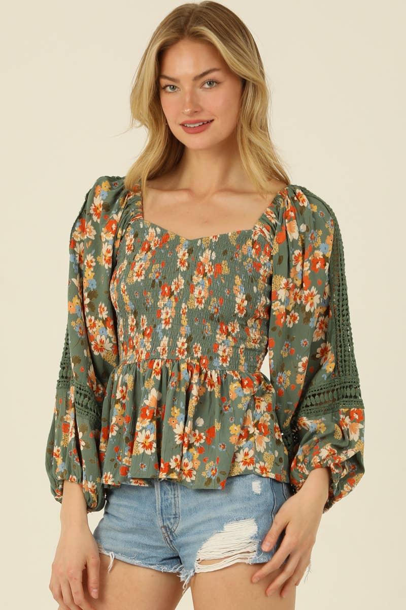 SMOCKED BOICE SWEETHEART NECKLINE CROCHET INSETD - Southern Sassy Boutique