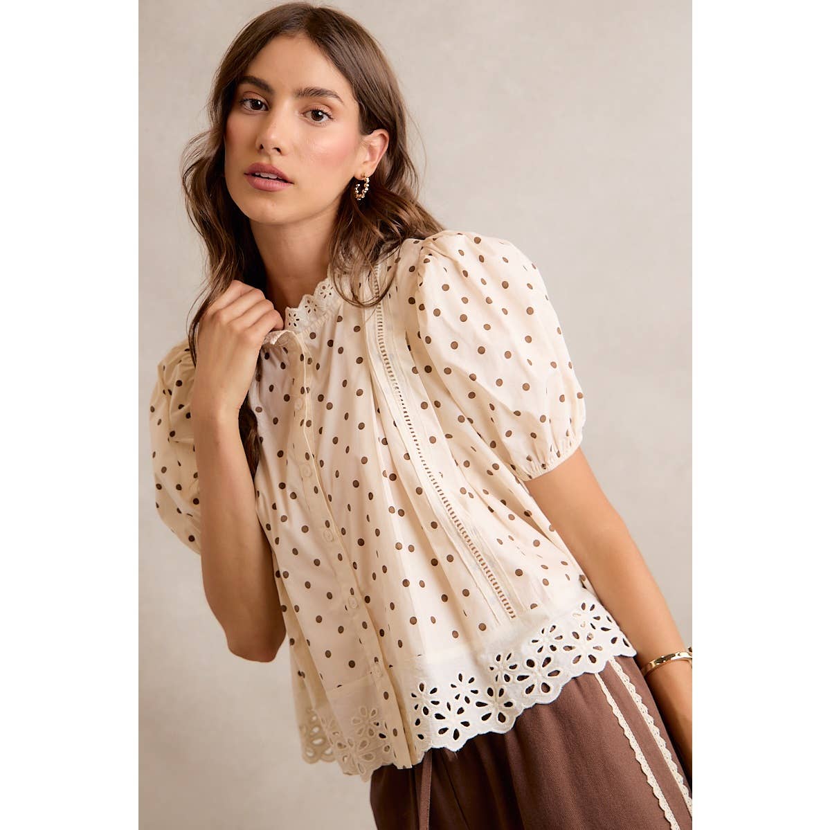 Polka Dot Cotton Lace Trim Blouse