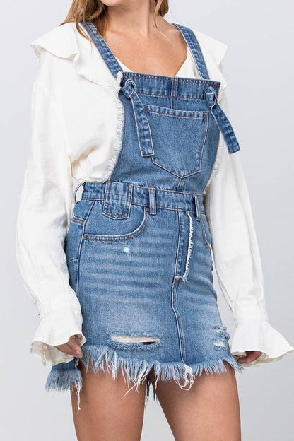 Frayed Hem Distressed Overall Denim Skirt - Southern Sassy Boutique