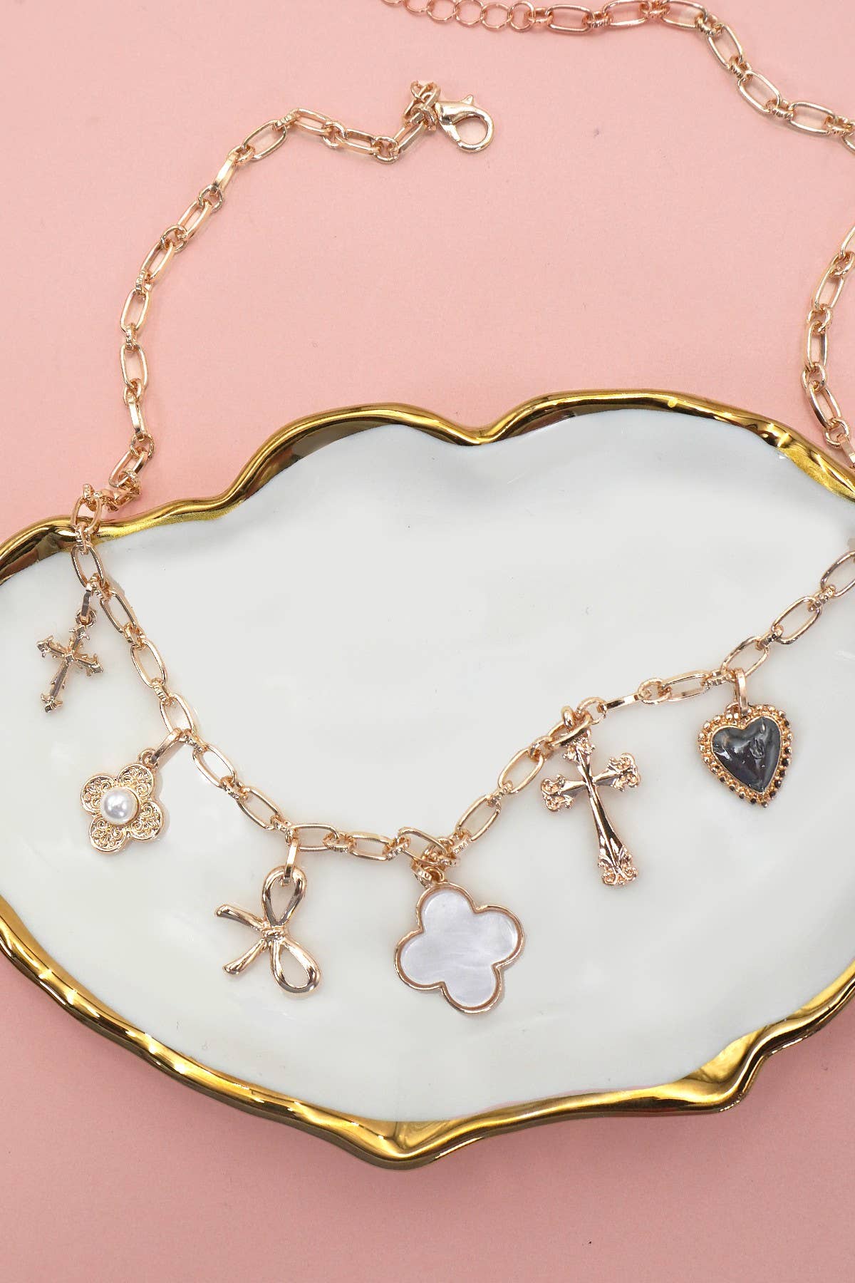 Charm Necklace with Bows & Cross