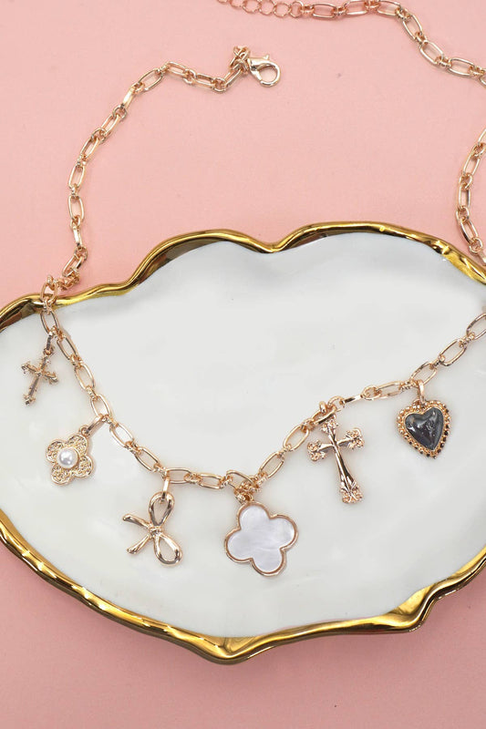Charm Necklace with Bows & Cross