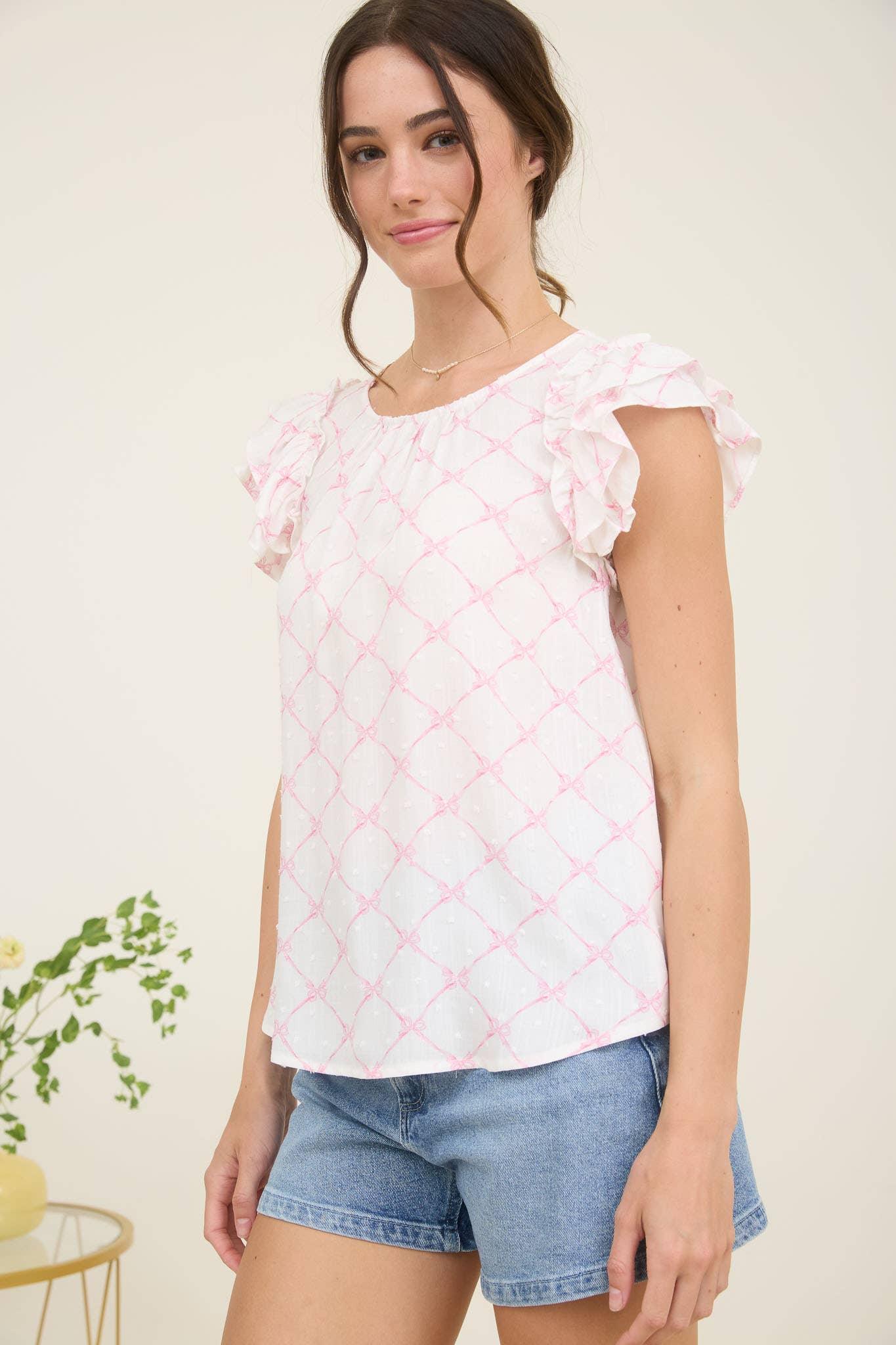 BOW CLIP DOT PATTERN RUFFLE SLEEVE BLOUSE - Southern Sassy Boutique