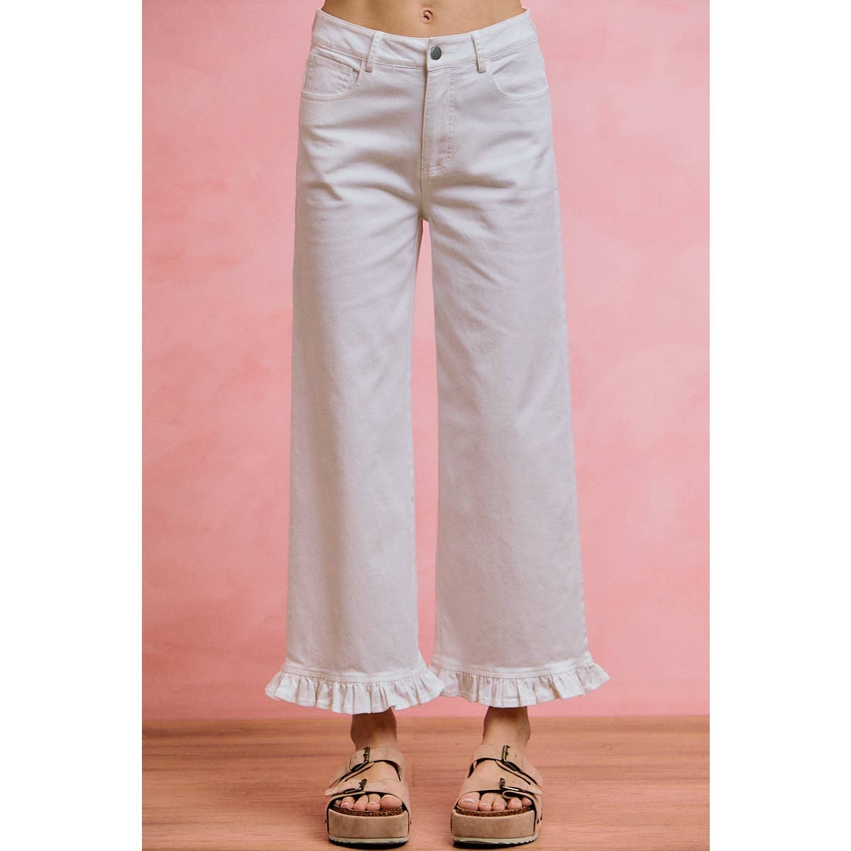 RUFFLED BOTTOM DETAIL MID RISE DENIM JEANS PANTS