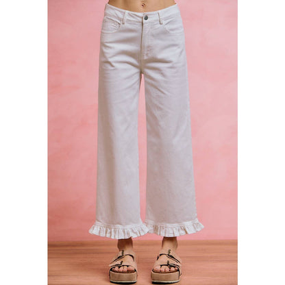 RUFFLED BOTTOM DETAIL MID RISE DENIM JEANS PANTS