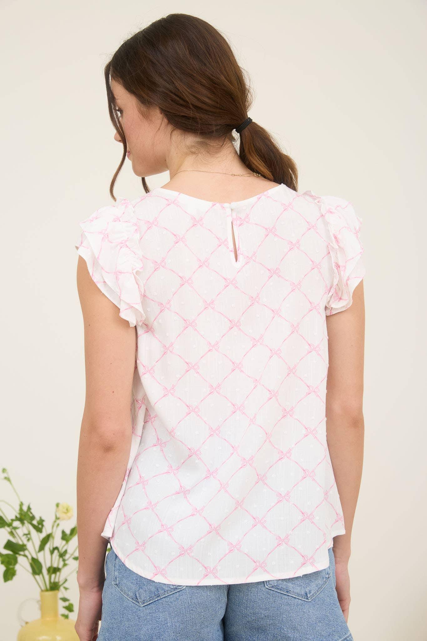 BOW CLIP DOT PATTERN RUFFLE SLEEVE BLOUSE - Southern Sassy Boutique