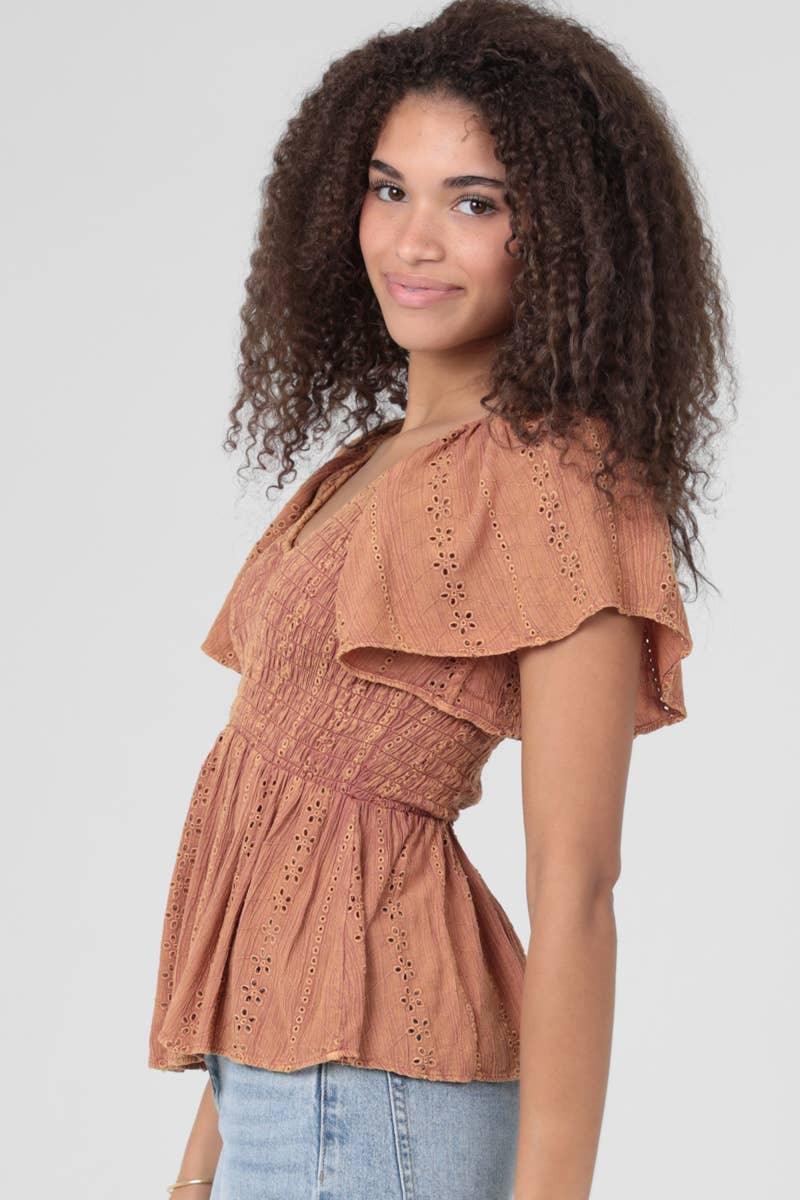 EYELET EMBROIDERY ACID WASH V NECK SMOCKED TOP - Southern Sassy Boutique