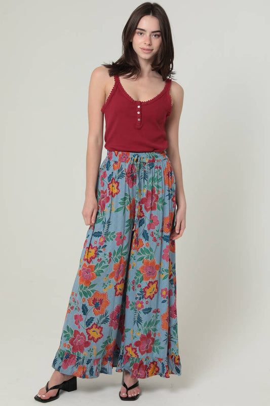 Ruffle Hem Floral Boho Pants.