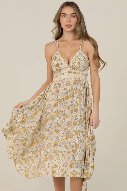 Boho Daisy Print Lace Trim Hanky Midi Dress