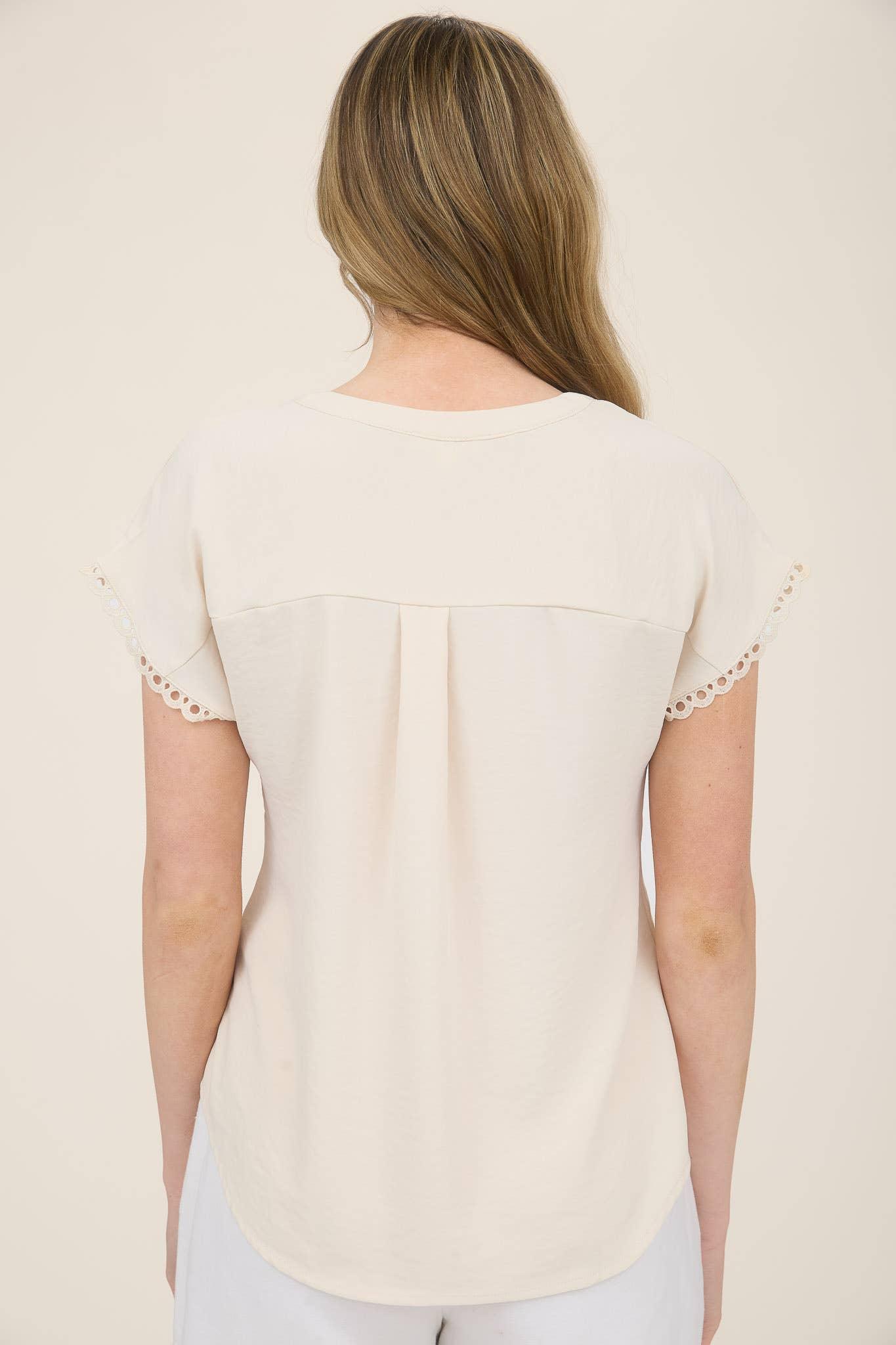 SCALLOP LACE TRIM SHORT SLEEVE HENLEY TOP - Southern Sassy Boutique