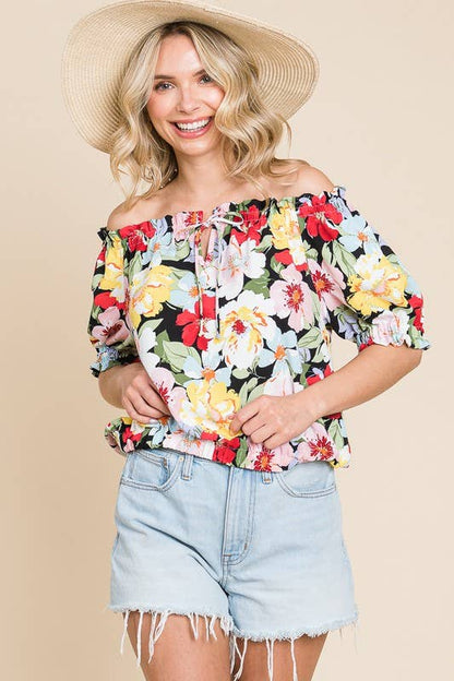 Curvy Of Shoulder Floral Top with Puff Sleeves