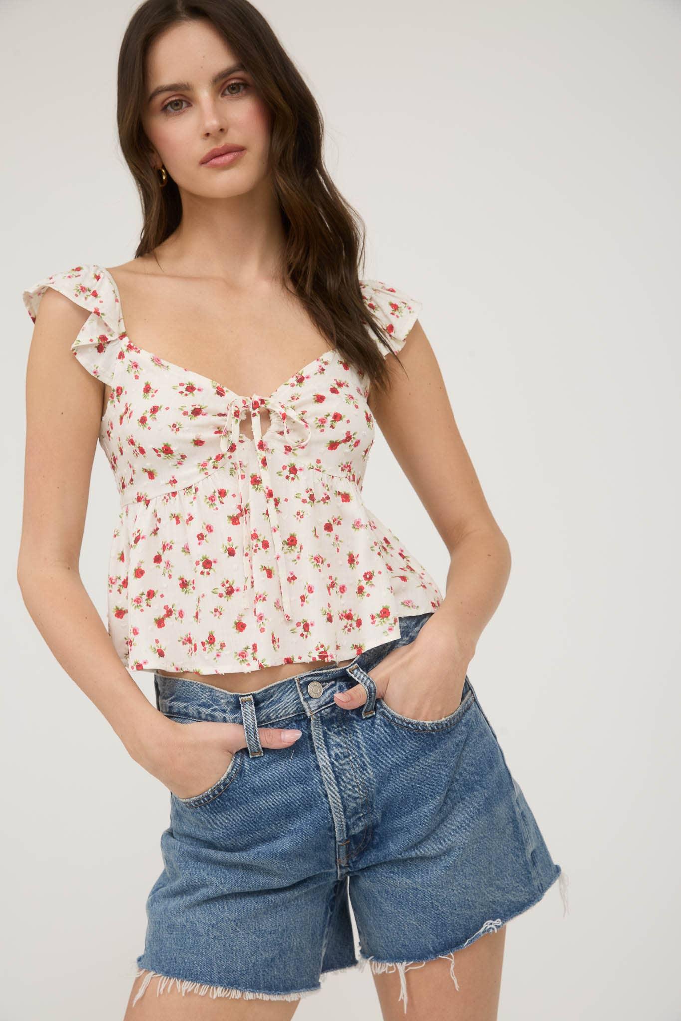 FLORAL CLIP DOT FRONT TIE WITH CUT-OUT CROP TOP - Southern Sassy Boutique