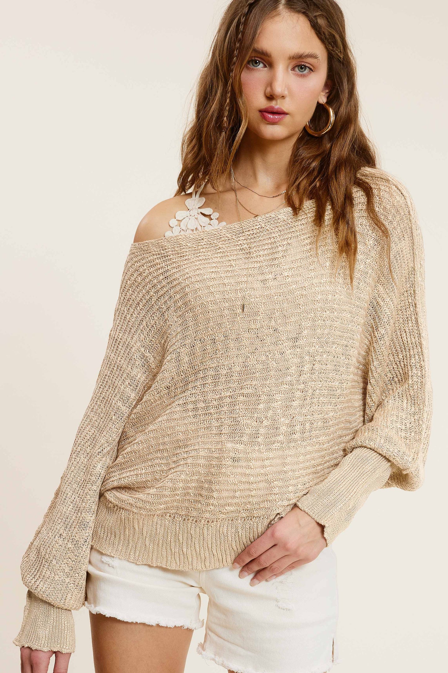 Lightweight Dolman Sleeve Boat Neck Sweater Top