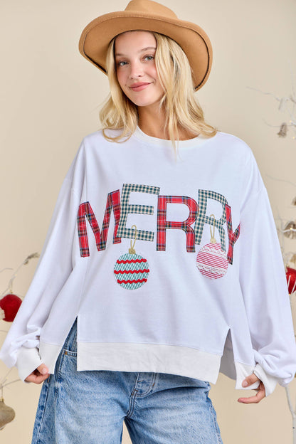 Merry With Ornament Patchwork Oversized Long Sleeve Top - Southern Sassy Boutique