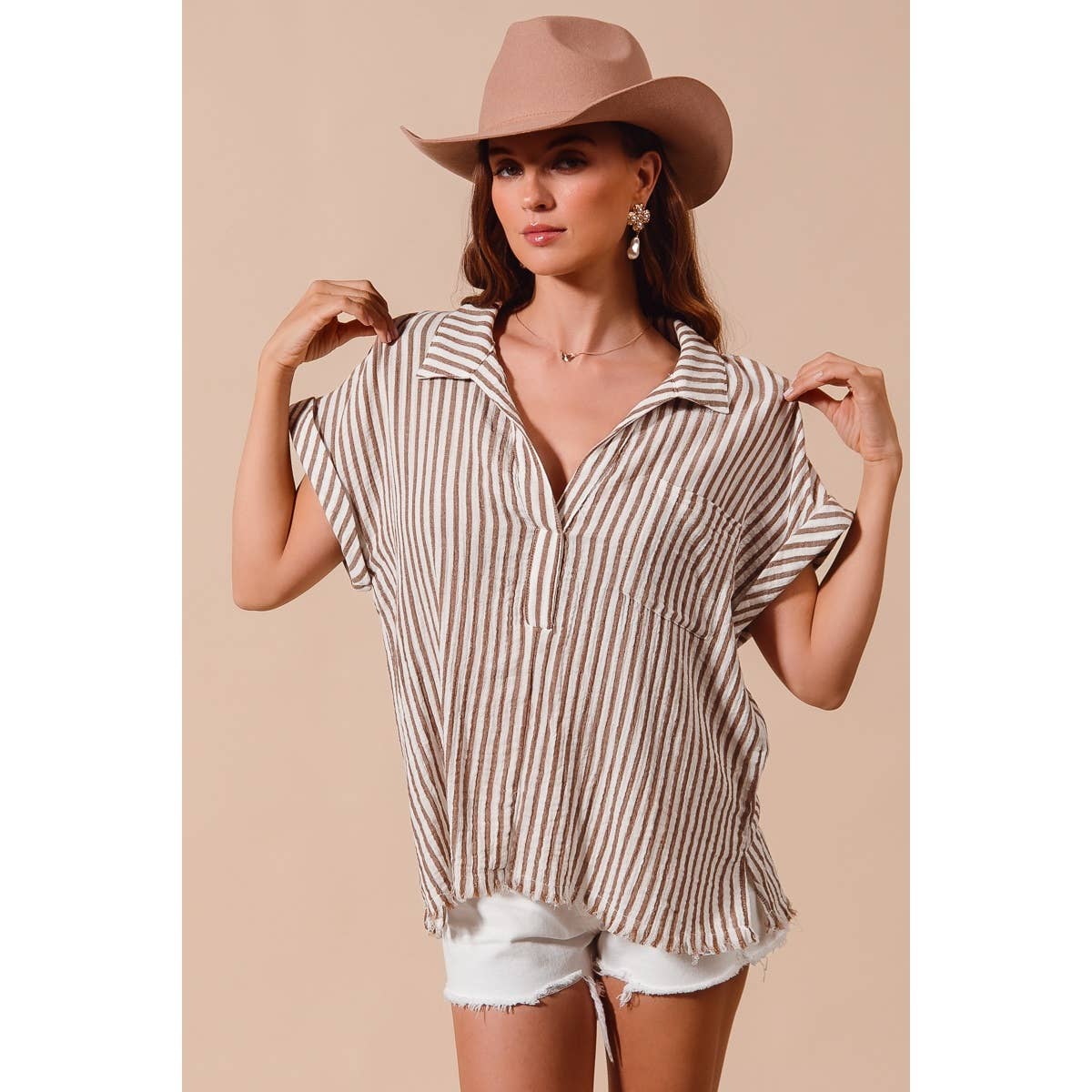 PLACKET DOLMAN STRIPE SHIRT BLOUSE TOP