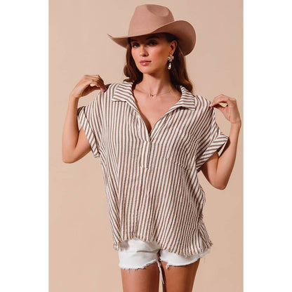 PLACKET DOLMAN STRIPE SHIRT BLOUSE TOP